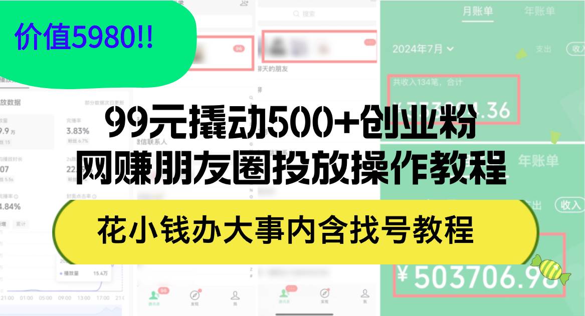 99元撬动500+创业粉，网赚朋友圈投放操作教程价值5980！花小钱办大事内…-创客一号