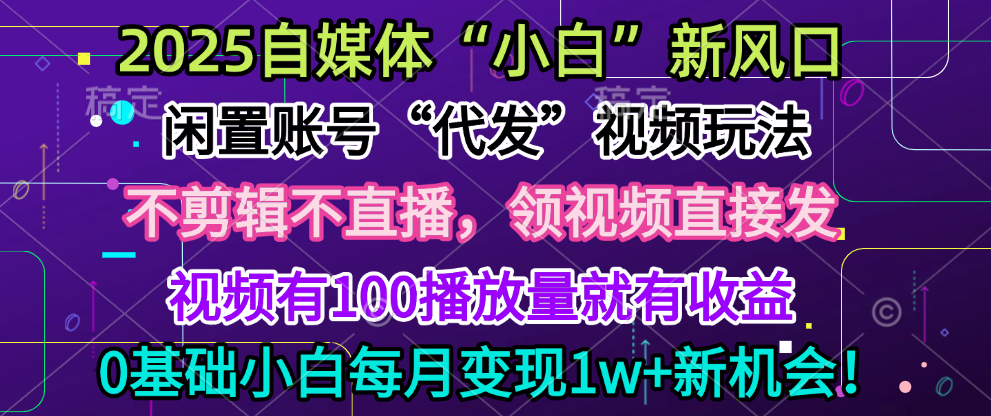 2025每月躺赚5w+新机会，闲置视频账号一键代发玩法，0粉不实名不剪辑，领了视频直接发，0基础小白也能日入300+-创客一号