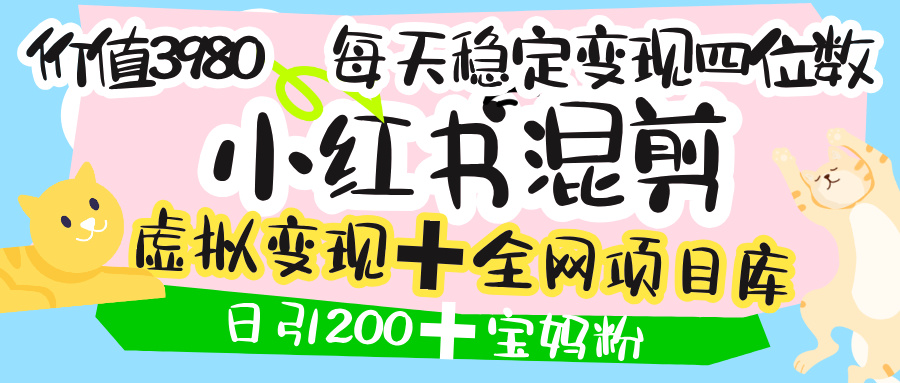 价值3980的小红书混剪， 虚拟变现 ＋全网项目库 ， 日引200+宝妈创业粉，每天稳定四位数变现-创客一号